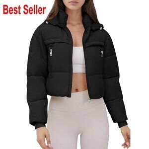 Cropped Puffer Jacket Hooded Warm Winter Outerwear Coat Chic Trendy